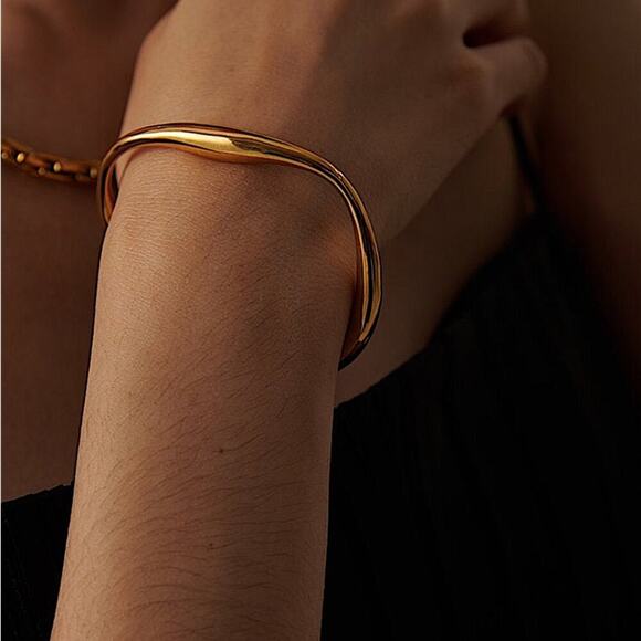 Gold Irregular Bangle Cuff Bracelet, Geometric, Asymmetric - Picture 6 of 15